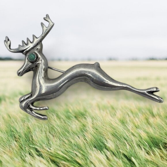 Vintage Old Sterling Silver Turquoise Mexico Deer Stag Brooch Buck - Picture 3 of 13